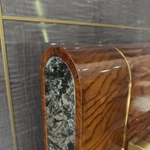 Natural Wood Headboard Upholstered Bed with Burgundy Leather Panel, Polished Marble Side Accents & Stainless Steel Hardware